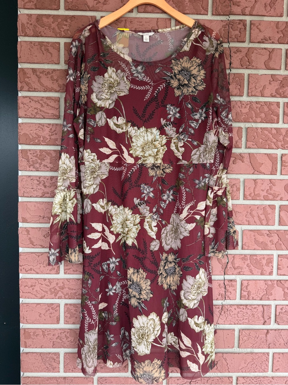 Floral Burgundy Long-Sleeve A-Line Dress